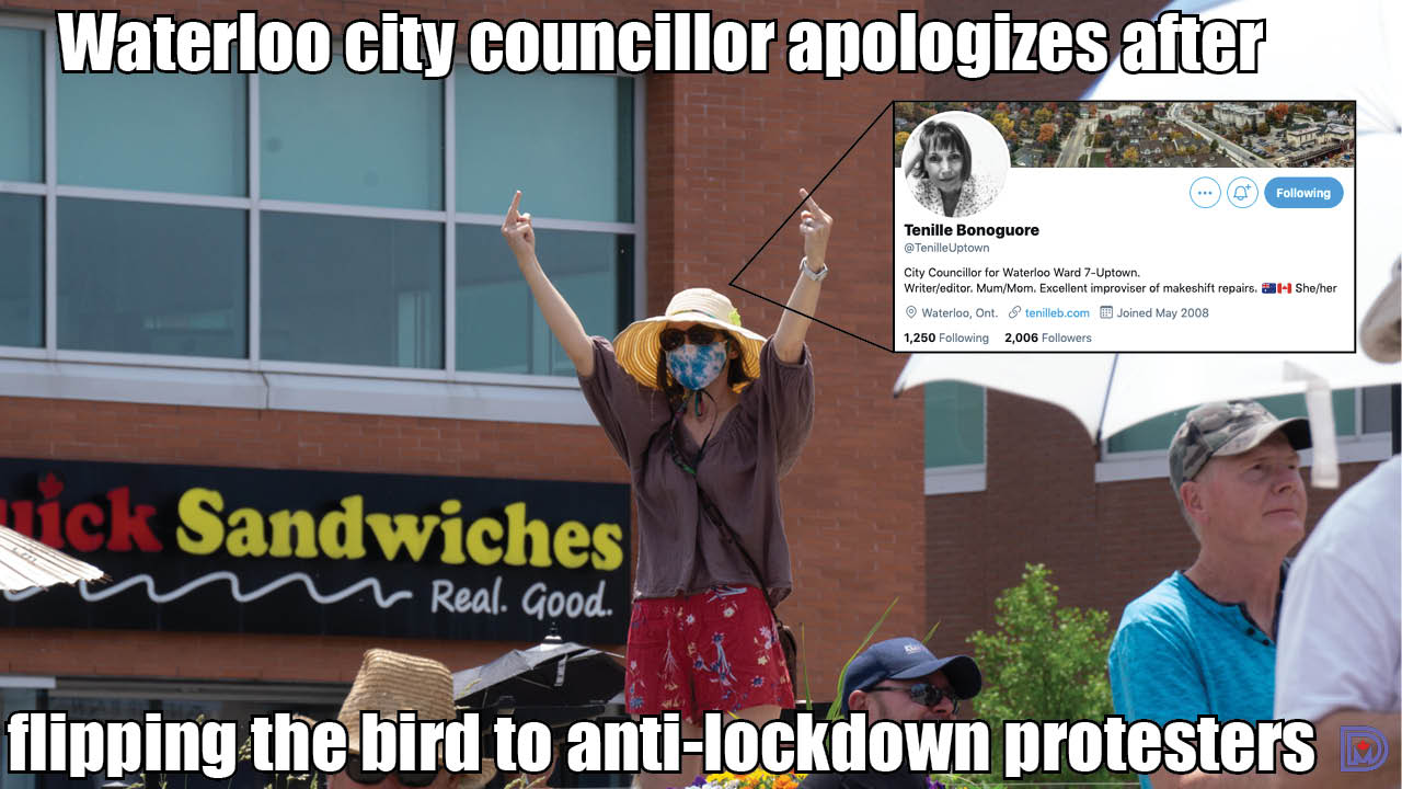 Waterloo City Councillor Tenille Bonoguore apologizes after flipping the bird to anti-lockdown&nbsp;protesters